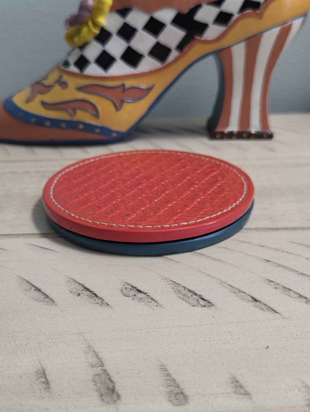 Coach Logo Embossed Leather Coasters Red & Teal, Set of 2 EUC - Picture 7 of 8